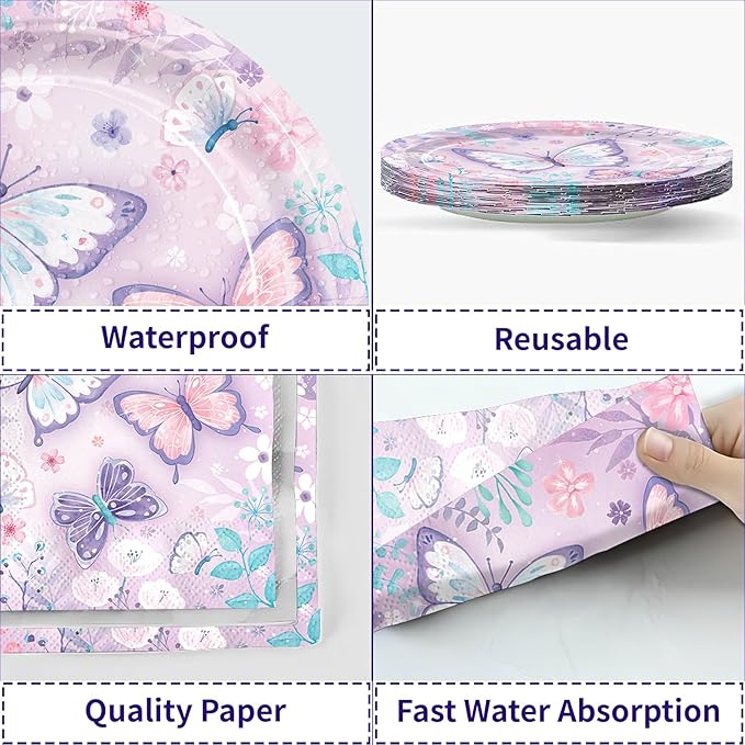 150pcs Butterfly Birthday Party Supplies Purple Butterfly Paper Plates Napkins Disposable Tableware Set Butterfly Party Supplies for Boys Girls Birthday Decor Serves 50 Guests