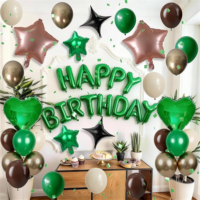 Green and Brown Birthday Decorations Dark Forest Green Safari Camo Army Brown Coffee Gold Sand Nude Balloons Happy Birthday Banner Heart Balloons 18/10 Inch Star Balloon for Boys Bday Party Supplies