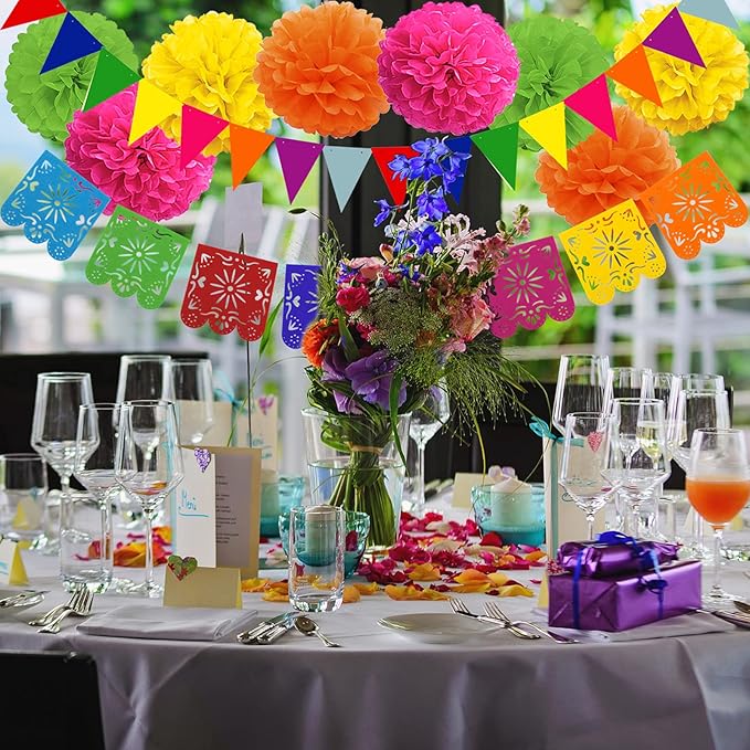 Mexico Party Decorations, Fiesta Paper Fans Pom Poms Picado Banner Pennant Garland String Hanging Swirls Decorations for Mexican Fiesta Cinco De Mayo Taco Themed Birthday Party Supplies