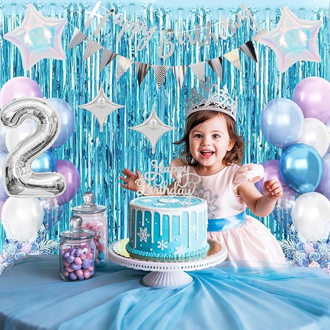 2nd Snow Birthday Decorations for Girl, Blue Purple Balloons with Happy Birthday Banner Curtain Silver Number 2 Balloon Iridescent Star Foil Balloons for Girls Baby Shower Birthday Party Supplies