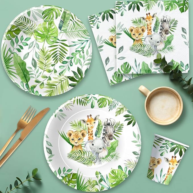 Safari Jungle Theme Party Supplies For Boys - Jungle Birthday Baby Shower Decorations Tableware Include 9" Plates, 7" Plate, Cups, Napkins, Safari Party Decorations | Serve 48