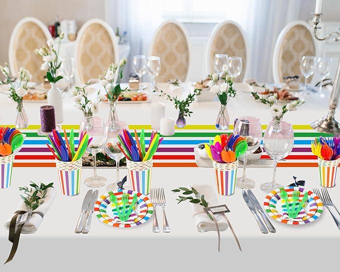 154 Pcs Rainbow Birthday Party Decorations 2 Rainbow Striped Tablecloth Disposable Dinnerware Set Colorful Plates Paper Cups Napkins Cutlery for Happy Birthday Wedding Party Supplies