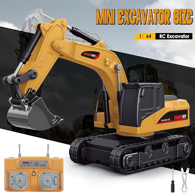 BRRRRT 1/64 Remote Control Excavator,Remote Control Construction Vehicles with Metal Shovel,Type-C Direct Charging RC Excavator,Birthday Gifts for Boys and Girls Age 3+