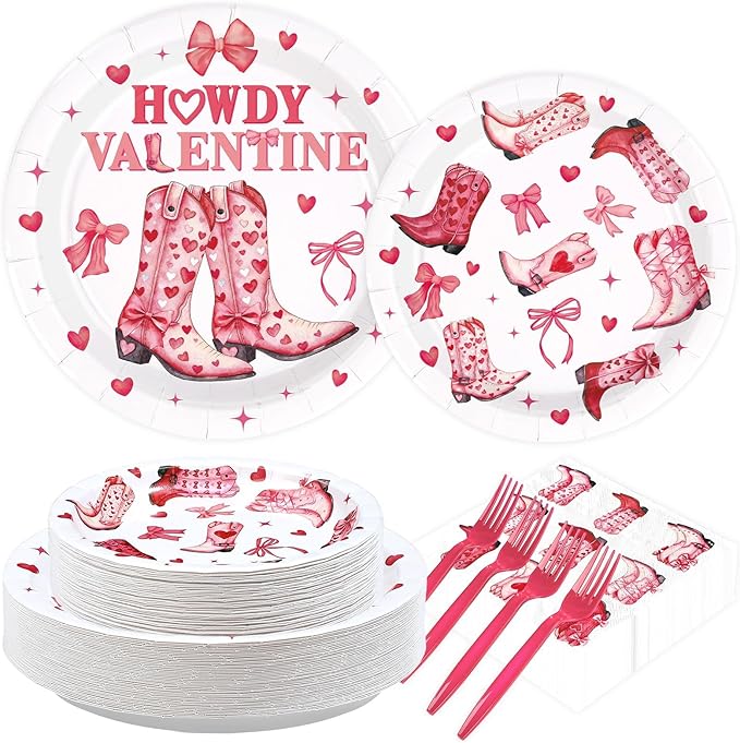 200Pcs Valentine's Day Party Decorations Boots and Bows Plates and Napkins Pink Western Cowgirl Tableware Sets for Valentines Birthday Bachelorette Party Supplies Serves 50