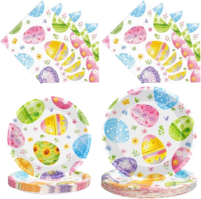 150 Pack Happy Easter Plates and Napkins Sets - Disposable Spring Paper Plates Napkins Dinnerware, Watercolor Easters Eggs Dessert Dinner Plate for Easter Party Supplies Table Decorations, Serve 50