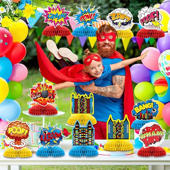 12 PCS Hero Party Decorations, Hero Theme Happy Birthday Decorations, Fun Action Honeycomb Centerpieces Decor Table for Party Supplies for Women Men Boys Girls