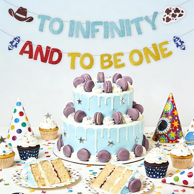 Pre-Strung Glitter To Infinity and To Be One Banner Cartoon Story 1st Birthday Party Decorations Toy Inspired Game 1st Birthday Banner Space Theme Inspired One Year Old Milestone Party Supplies
