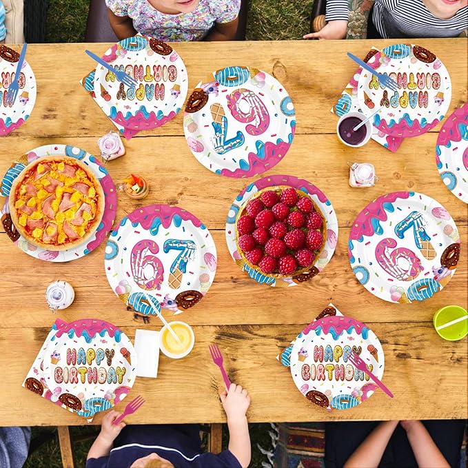 96Pcs Donut 6 7 Birthday Decorations 6/7 Birthday Plates and Napkins 67 Themed I was 6 Now I'm 7 Disposable Paper Tableware Set for Kids Boys Girls 6-7 Year Old Party Supplies Serves 24