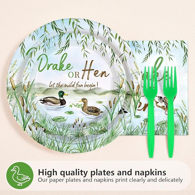 96Pcs Mallard Duck Gender Reveal Party Decorations Mallard Duck Gender Reveal Plates and Napkins Drake or Hen Disposable Tableware for Baby He or She Party Decorations Serve 24