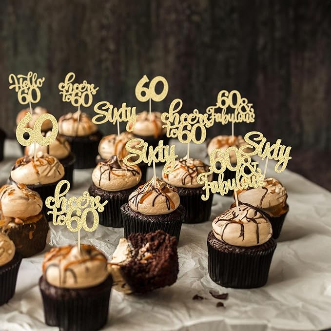 30Pcs Happy 60th Birthday Cupcake Toppers Gold Glitter Sixty Cake Toppers Cheers to 60 Years Old Birthday Cupcake Picks for 60th Birthday Anniversary Party Cake Decorations Supplies