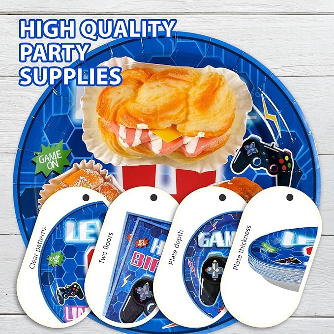 96Pcs 9th Video Game Birthday Party Decorations Blue Video Game Level 9 Birthday Plates and Napkins Tableware Sets for Kids Boys 9 Years Old Gamer Gaming Party Favors Serves 24