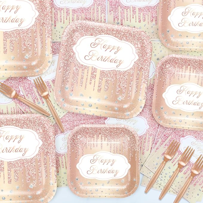 81 Pieces Rose Gold Party Decorations - Party Supplies Including Plates, Napkins, Tablecloth, Forks for Girl Women Mom Birthday, Serves 20