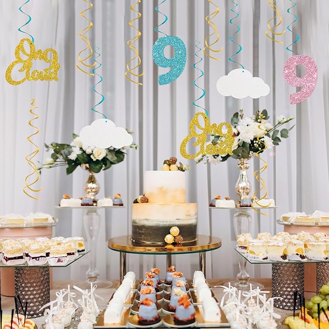 Maicaiffe On Cloud 9 Hanging Swirl Decorations - Glitter 12 Pcs 9th Birthday Party Supplies - Children Birthday - Nine Streamers - Nine Years Old Party Foil Swirls Ceiling Decorations