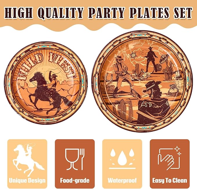 WERNNSAI Western Party Decorations - 64 PCS Cowboy Plates Napkins and Forks Wild West Birthday Supplies Western Paper Plates for Kids Boys First Rodeo Birthday Bachelorette Decor Serves 16 Guests