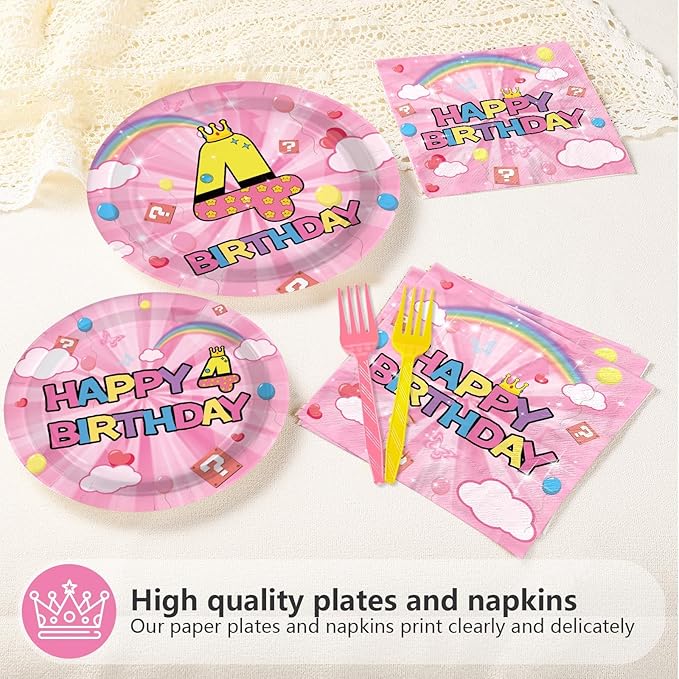 96Pcs Pink and Yellow 4th Birthday Decorations Princess Pink and Yellow Party Plates and Napkins Disposable Tableware for 4 years Old Girls Princess Birthday Party Decorations Serve 24