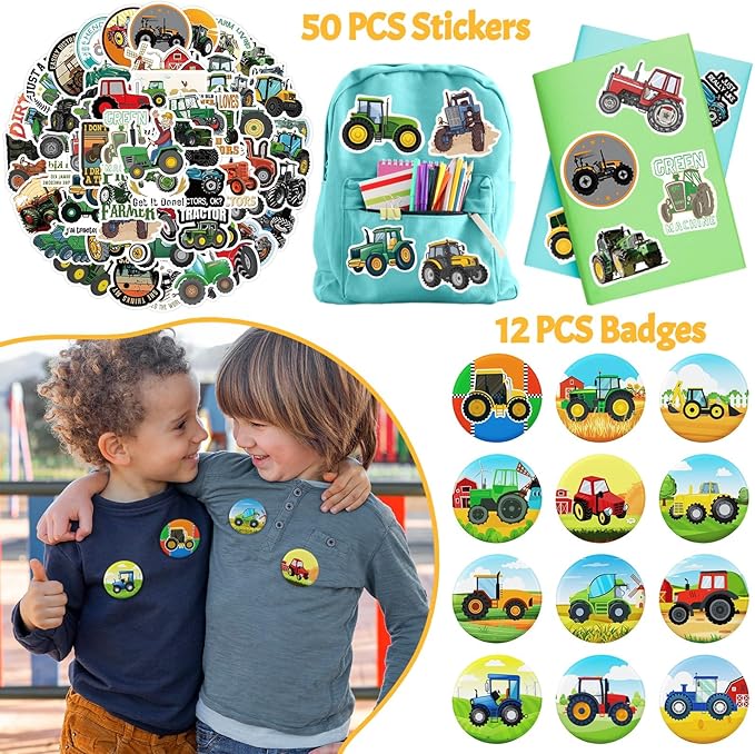110Pcs Tractor Party Favors for Kids - Farm Birthday Party Decorations and Supplies with Slap Bracelets, Tattoos, Stickers, Keychains & Buttons, Tractor Goodie Bag Fillers for Boys