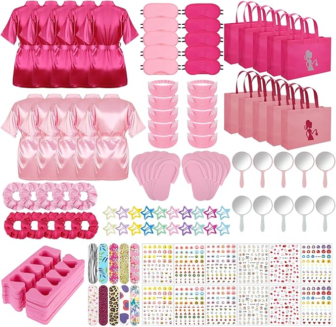 122 Pcs Pink, Hot Pink Girls Spa Party Kit, 10-Pack Slumber Party Favors with Satin Robes, Tote Bags, and Nail Salon Accessories for Kids Spa Birthday, Halloween, Home Party Supplies