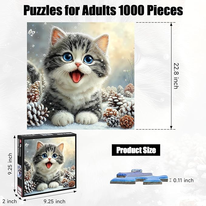 Cute Snowy Cat Puzzles for Adults 1000 Pieces, Winter Snowy Kitten Animal Jigsaw Puzzle with Letters on Back, 20x28 Inch Wall Art, Relaxing Family Game, Easter