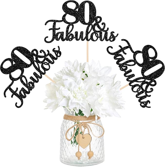 12 PCS 80 and Fabulous Centerpiece Sticks Double Sided Happy 80th Birthday Table Flower Centerpieces Sticks Cheers to 80 Floral Decorations for 80th Birthday Anniversary Party Supplies Black