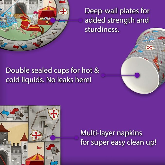 Medieval Knight Castle Birthday Party Supplies Set Plates Napkins Cups Tableware Kit for 16