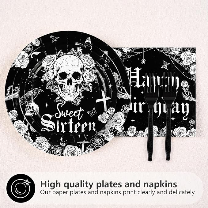 96Pcs Gothic Birthday 16th Party Decorations Goth Skeleton Plates and Napkins Tableware Sets Gothic Black White Skull Sweet Sixteen Decorations for 16 Years Old Birthday Party Supplies Serve 24