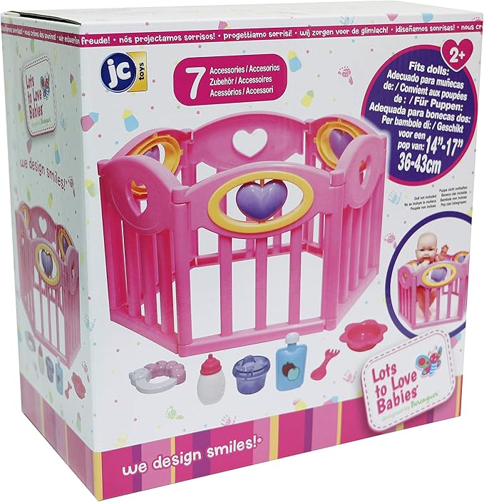 JC Toys Baby Doll Play Pen Gift Set for Keeps Playtime!|Fits Dolls up to 17" | Adjusts to Different Shapes | Play Accessories| Ages 2+, Pink