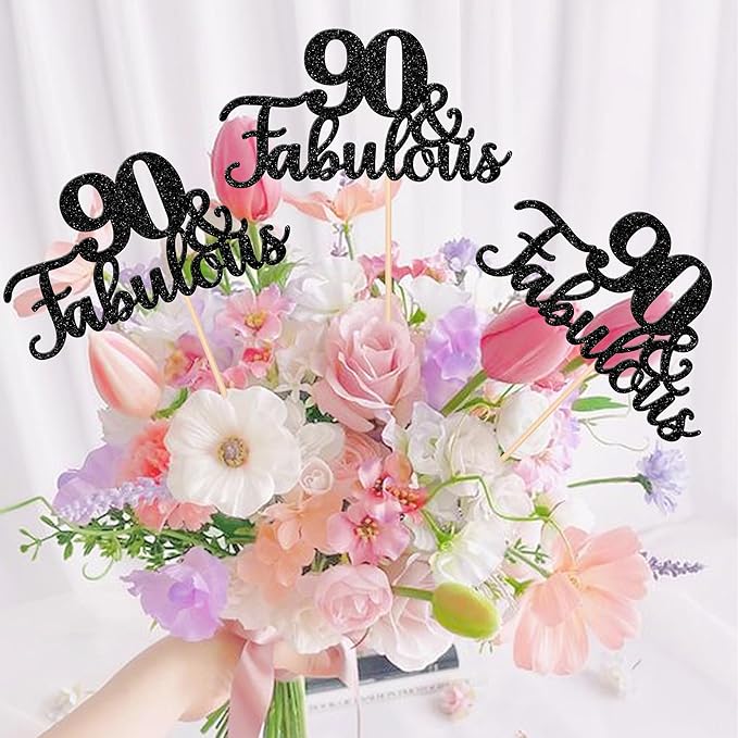 12 PCS 90 and Fabulous Centerpiece Sticks Double Sided Happy 90th Birthday Table Flower Centerpieces Sticks Cheers to 90 Floral Decorations for 90th Birthday Anniversary Party Supplies Black