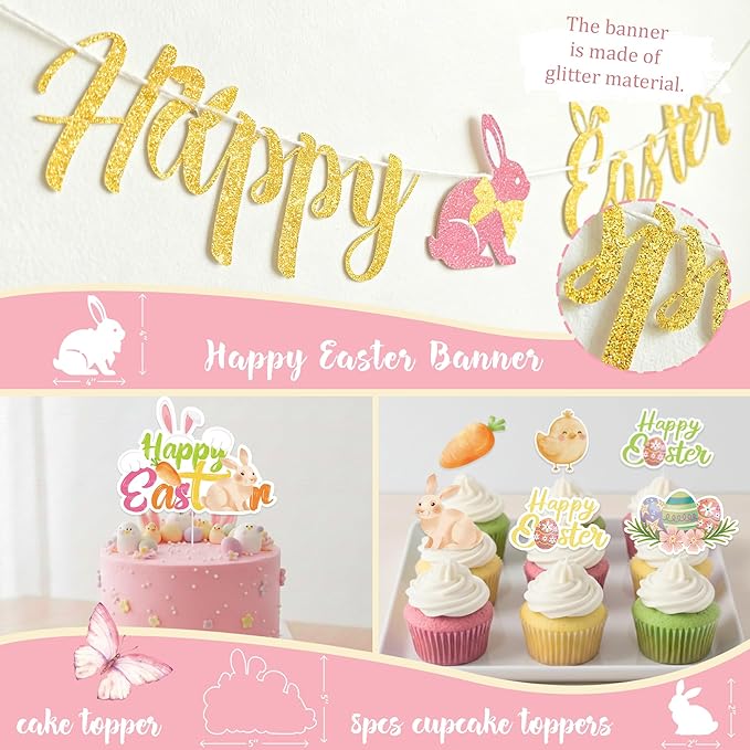 Easter Party Decorations Kit, Happy Easter Bunny Party Supplies for Home Indoor Decor, Spring Balloon Garland Banner, Cake Cupcake Toppers, Backdrop Tablecloth for Easter Garden Party Decorations Set