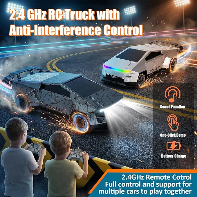 Remote Control Car/RC Truck – 2.4 GHz All-Terrain Cyber Vehicles with One-Touch Demo and Three Adjustable LED Light Effects, Off-Road Pick-Up Hobby Monster Truck Toys Gifts for Boys/Girls Aged 3+
