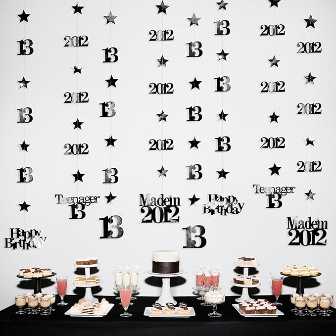 12PCS Black 13th Birthday Decorations Number 13 and 2012 Star Garland Streamer Banner Backdrop for Girls Boys Cheers to 13 Years Birthday Vintage Made in 2012 Official Teenager Party Decor Supplies