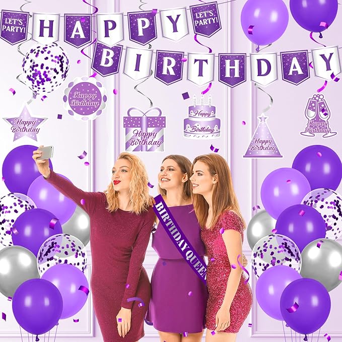 Purple Party Decorations for Women Girls Happy Birthday Banner Silver Glitter Backdrop Hanging Swirls Queen Sash 20PCS Purple Latex Balloons Set for Girl Sweet Princess Birthday Party Decor Supplies