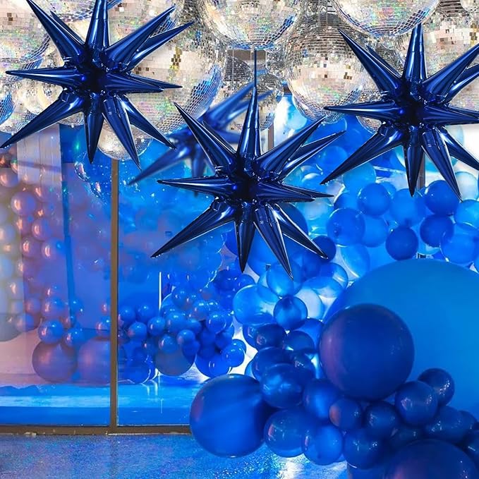 TONIFUL 4 Pcs 22inch 4D Navy Blue Explosion Star Mylar Balloons 14Point Star Balloons for Party Backdrop Christmas,New Year Birthday, Wedding Baby Shower Anniversary Photo Booth Supplies