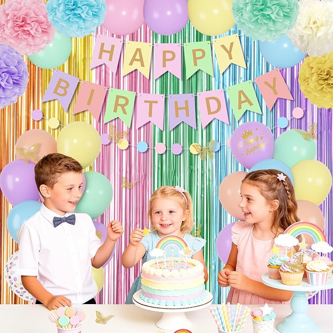 Pastel Birthday Decorations for Women Girls, Rainbow Colorful Printed Confetti Balloons Butterfly Stickers Fringe Curtain Happy Birthday Banner Circle Dots Garland Paper Pompoms Spring Party Supplies