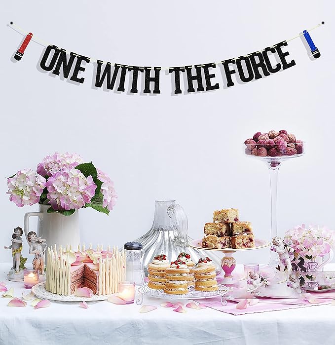 One with The Force Banner, Happy 1st Birthday Decors, Baby Boy First Birthday Party Supplies Black Red Blue Glitter