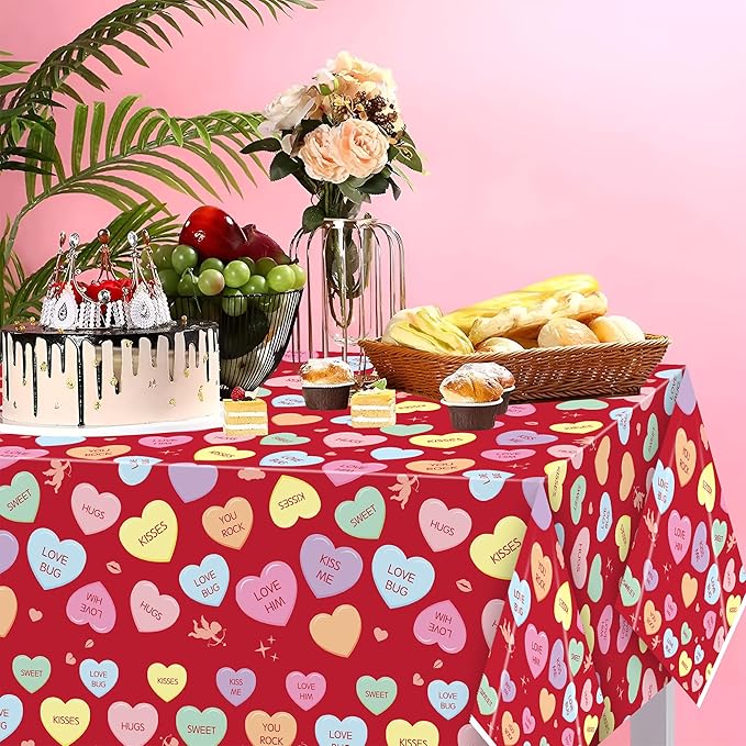 Valentine’s Day Table Cover - 3 Packs Valentine’s Day Themed Waterproof Disposable Plastic Tablecloth Rectangle Table Cloths School Holiday Party Favors Classroom Decoration Supplies Banner