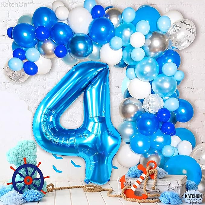 KatchOn, Big Blue Number 4 Balloons - 40 Inch | Blue 4th Birthday Balloons Boy, Fourth Birthday Balloon | 4th Birthday Decorations For Boys | 4 Year Old Balloon for Shark 4th birthday Decorations