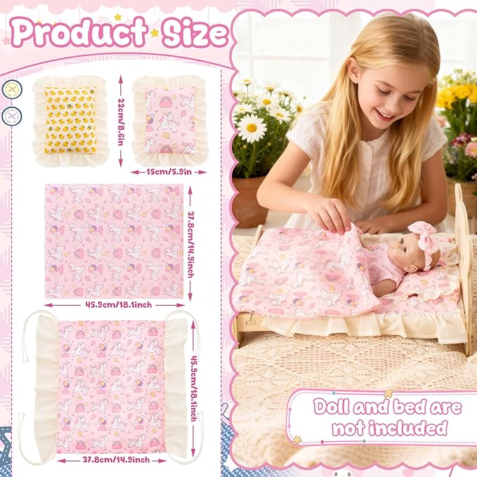 6 Set 18 Inch Doll Bedding Accessories Set, Included Comforter, Mattress, Pillow Cute Accessories- Fits 18 Doll Beds, Bunkbeds, Cribs and Cradles, Featuring Pretty Lace and a Securing Cord