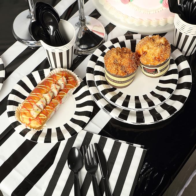 154 Pcs Black and White Party Supplies Black and White Disposable Dinnerware Set Tablecloth Stripe Table Cover Plates Cups Napkins, Knives Forks Spoons Birthday Wedding Decoration