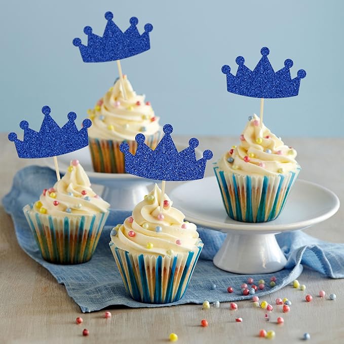 Ephlyn 24Pcs Crown Cupcake Toppers Glitter Queen Crown Cupcake Picks for Queen Princess Theme Baby Shower Girls Wedding Birthday Party Cake Decorations Supplies Dark Blue