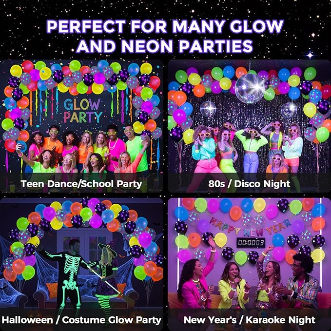LovesTown 66PCS Glow Party Assortment, UV Neon 12" Fluorescent Latex Decorations with Dots for Birthday, Wedding & Party Supplies