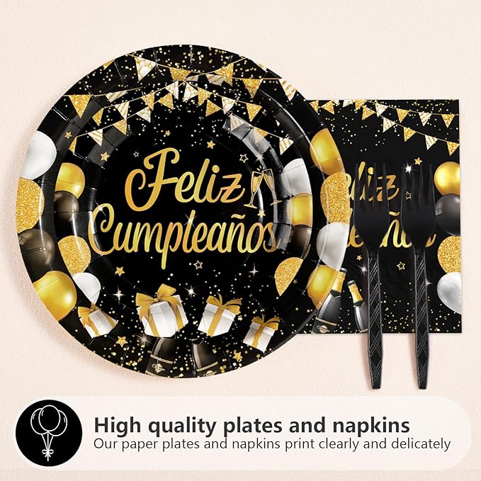 96Pcs Black and Gold Birthday Party Supplies Feliz Cumpleaños Gold Glitter Plates and Napkins Feliz Cumpleaños Happy Birthday Tableware Set for Men Women Spanish Party Decorations Serves 24