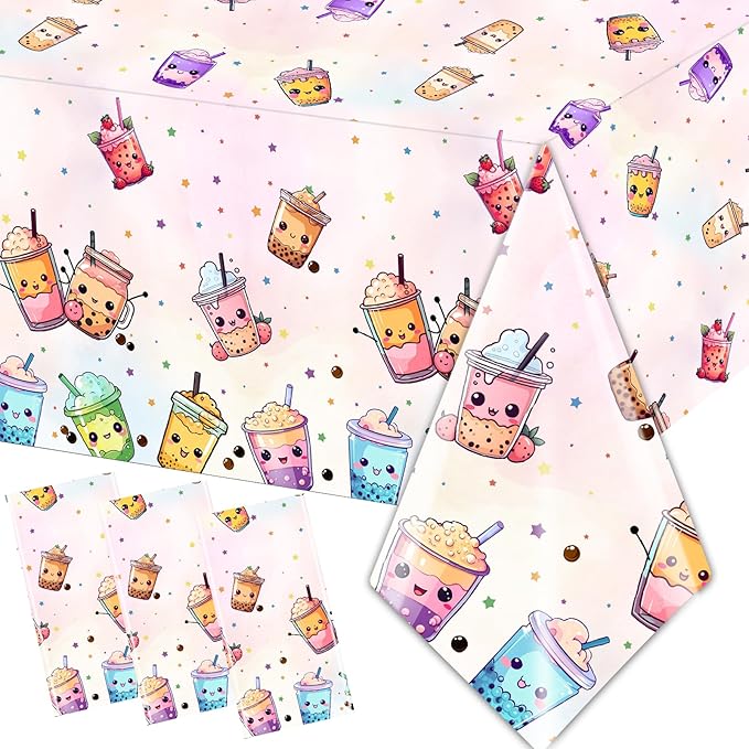 Boba Tea Party Decorations,3pcs Bubble Tea Birthday Tablecloths Waterproof Plastic Boba Table Covers for Boba Party Decorations