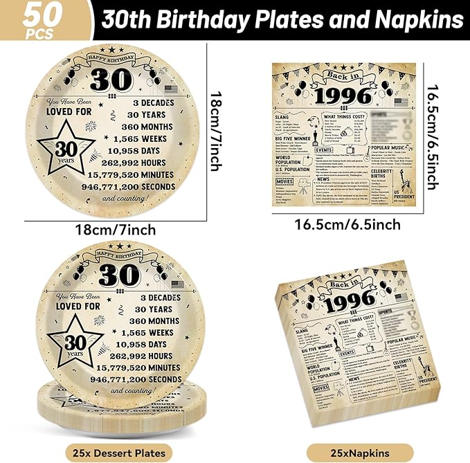 CHUNNIN 50pcs 30th Birthday Plates and Napkins 30 Year Old Birthday Party Decorations Vintage Back in 1996 Dessert Plates Vintage 1996 30th Theme Disposable Tableware Set for Men Women Party Supplies