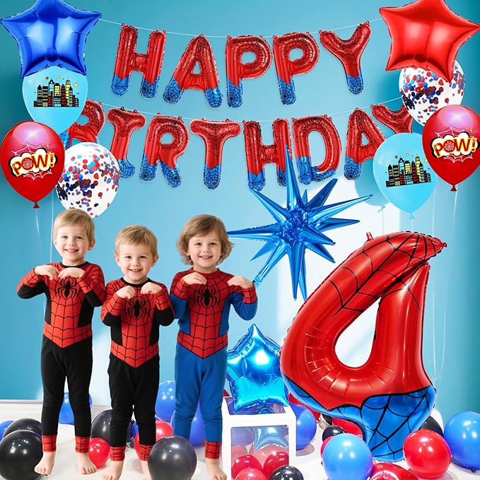 Spider Web Number 4 Balloon Birthday Decoration, Superhero Themed 40in Giant Mylar Number Party Supplies