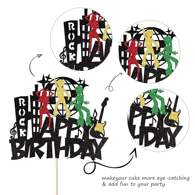1 PCS Rock Happy Birthday Cake Topper Glitter Guitar Music Disco Ball Cake Pick 70's Disco Dancing Rock and Roll Cake Decoration for Rock Band Music Concert Theme Birthday Party Decorations Supplies