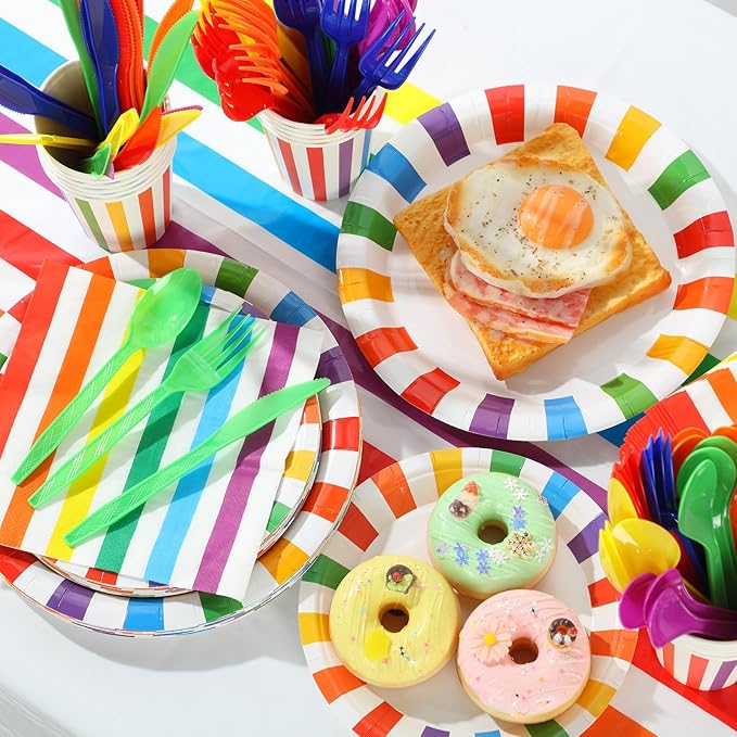 154 Pcs Rainbow Birthday Party Decorations 2 Rainbow Striped Tablecloth Disposable Dinnerware Set Colorful Plates Paper Cups Napkins Cutlery for Happy Birthday Wedding Party Supplies