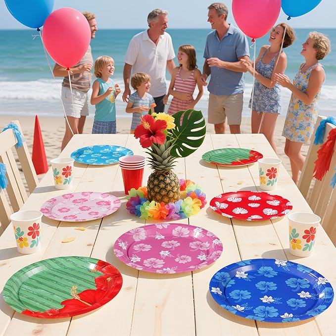 60Pcs Hawaiian Party Paper Plates 9 Inch Disposable Heavy Duty Hawaiian Hibiscus Floral Plates Tropical Luau Cartoon Hibiscus Party Decorations for Hawaii Summer Beach Pool Holiday Birthday Supplies