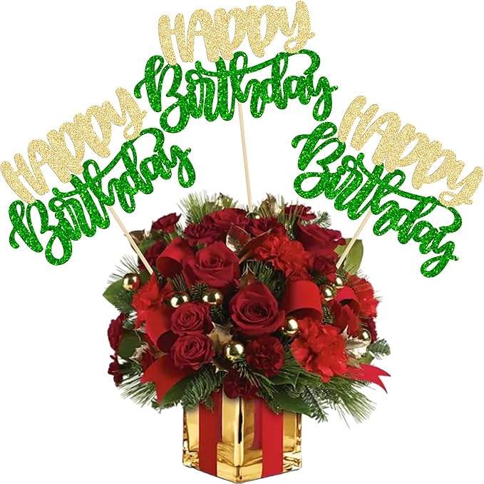 Gyufise 12Pcs Happy Birthday Centerpieces Sticks Double Sided Glitter Birthday Party Decorations Anniversary Table Flower Centerpiece for Celebrating Party Supplies Green Gold