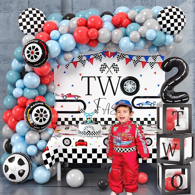 134 Two Fast Birthday Decorations Race Car Party Supplies for 2 Year Old Boy Racing Balloon Garland Arch Kit Backdrop Tablecloth Box Crown Wheel Checkered Balloon 2nd Two Fast Birthday Decor