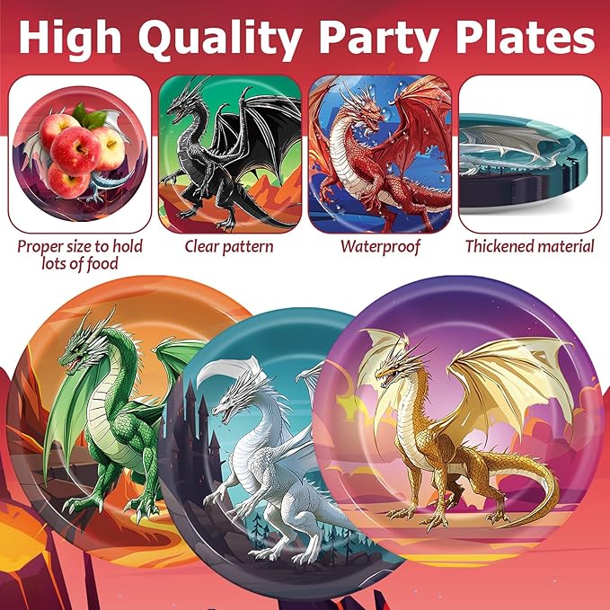 60pcs Dragon Birthday Party Paper Plates for Dragons Knight Party Decorations 7in Fantasy Dinosaur Disposable Dessert Plates for Baby Shower Boys Birthday Dragon Themed Parties Supplies